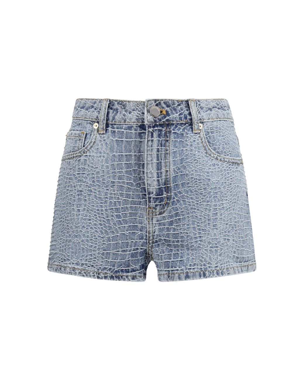 Self-Portrait Blue Denim Shorts With Croc Effect And Rhinestones