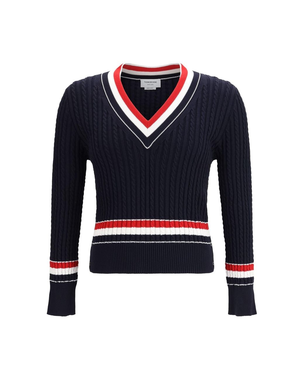 Thom Browne Blue Intarsia Cable-Knit V-Neck Sweater for men