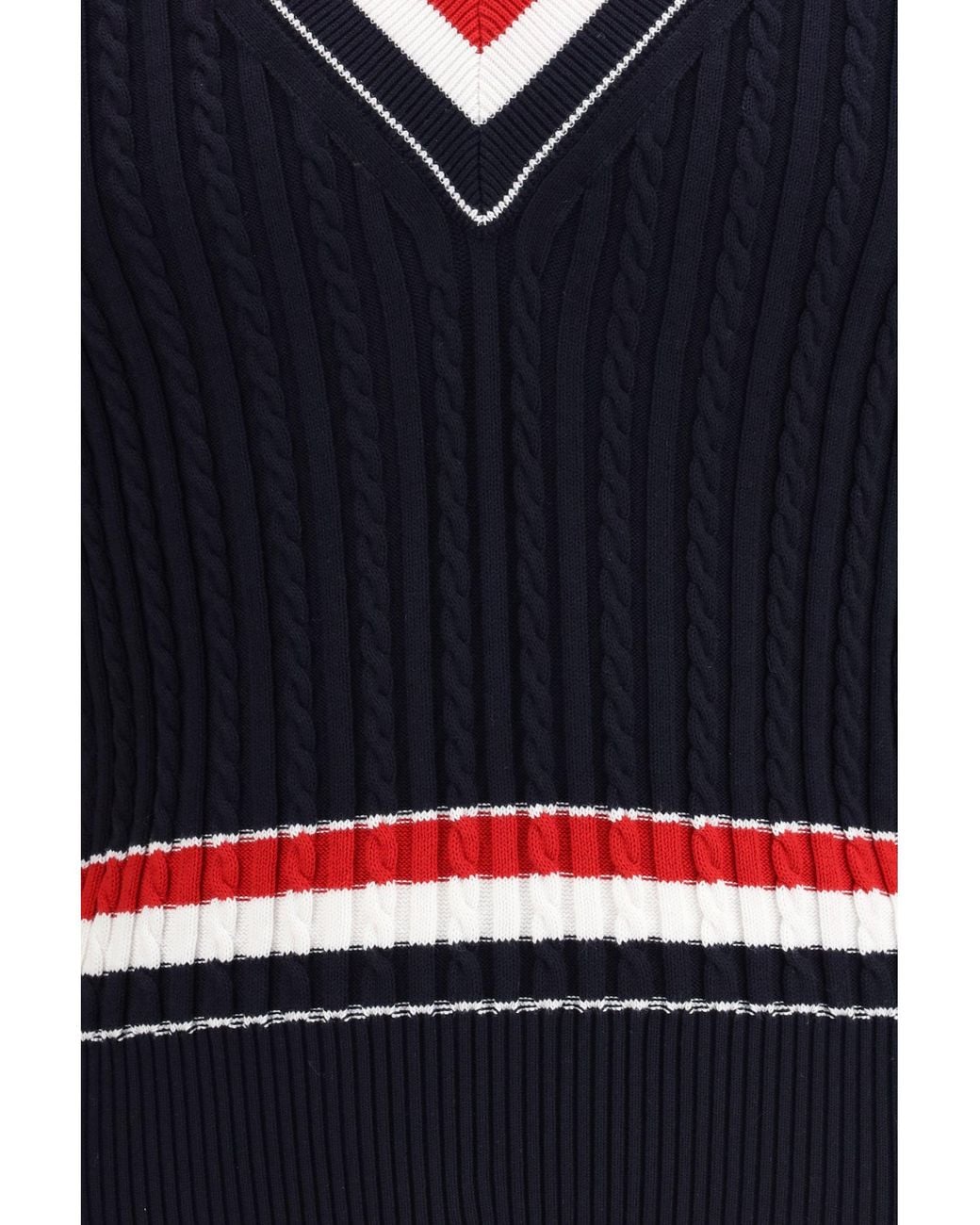 Thom Browne Blue Intarsia Cable-Knit V-Neck Sweater for men