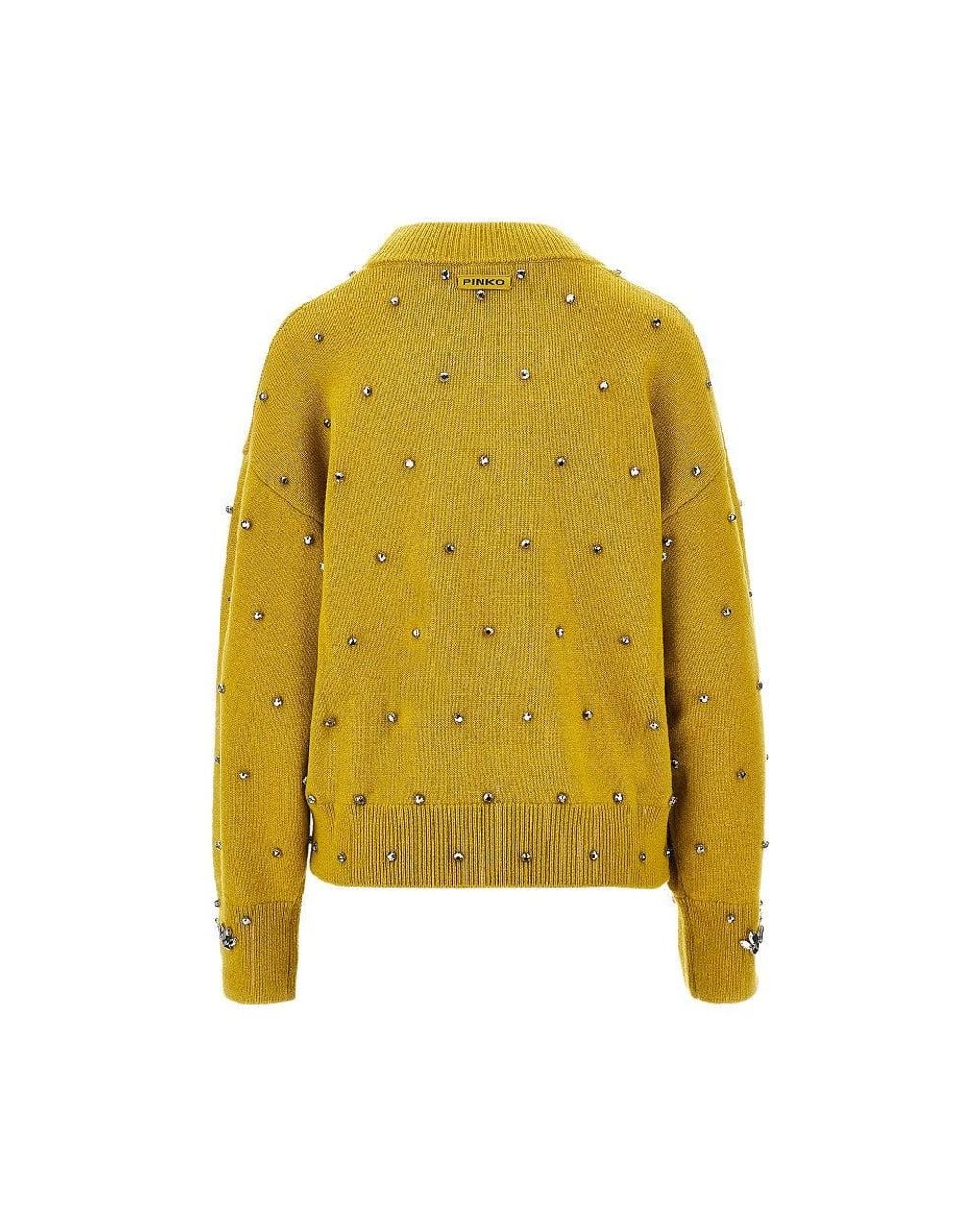 Pinko Yellow Jewelled Wool And Cashmere Sweater
