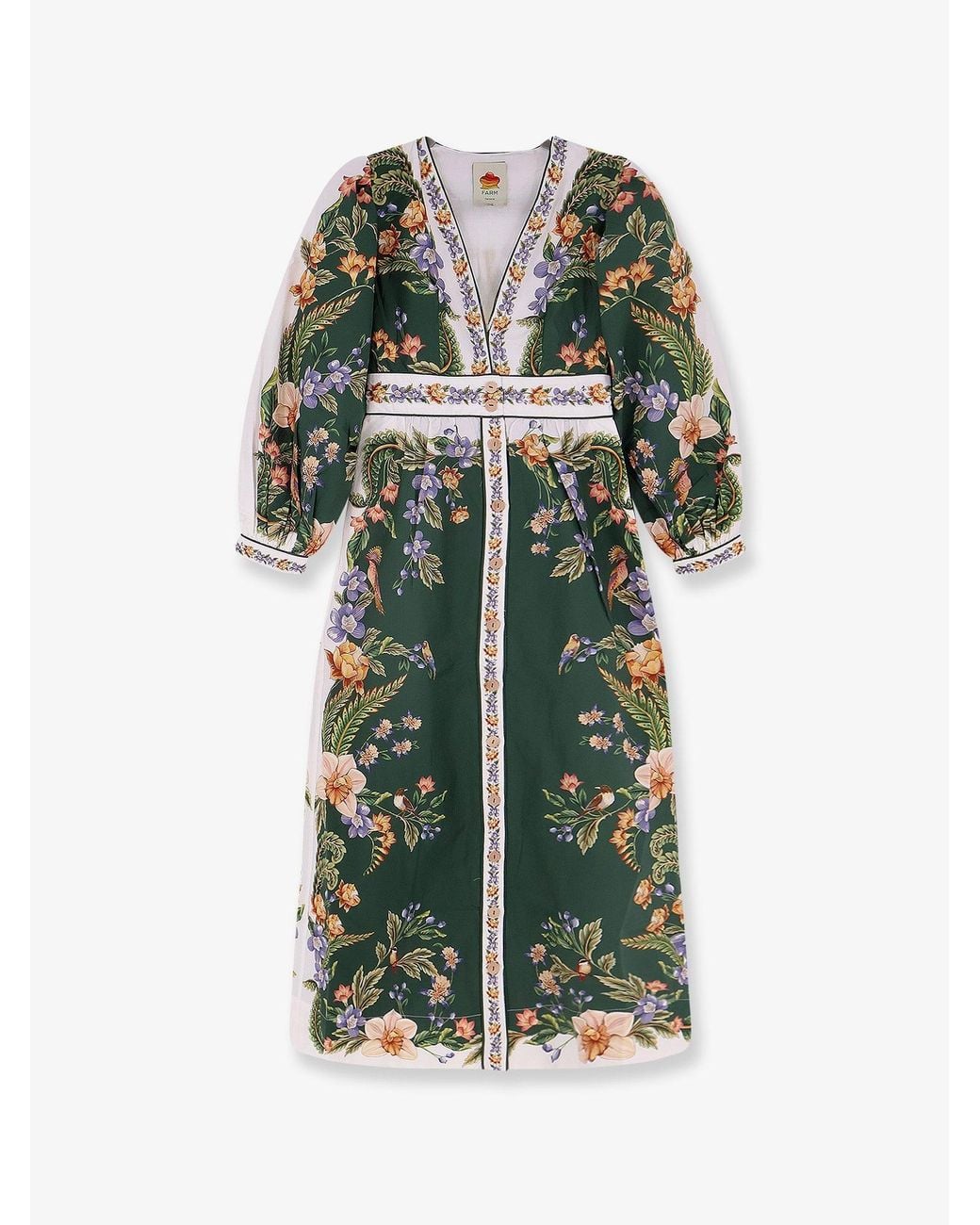 Farm Rio Green Long Cotton Dress With Floral Print