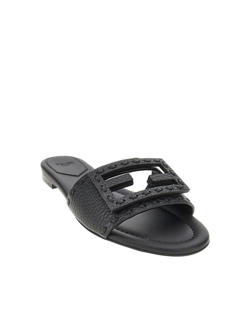 Fendi Black 'Baguette' Grained Leather Slides