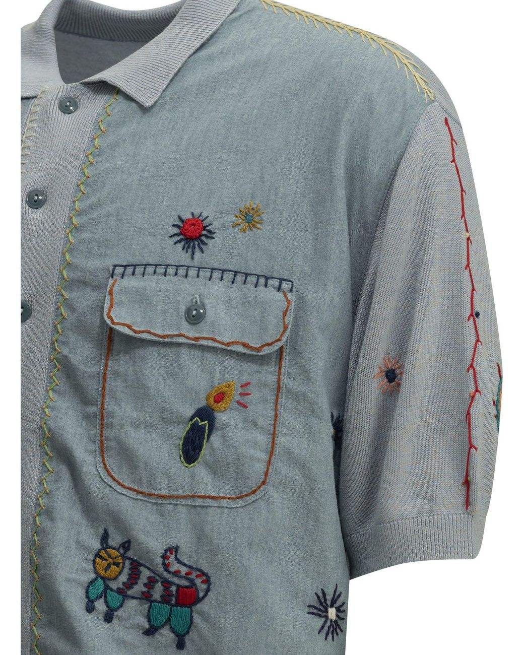 Kapital Blue Knit X Chambray Polo Shirt Light for men