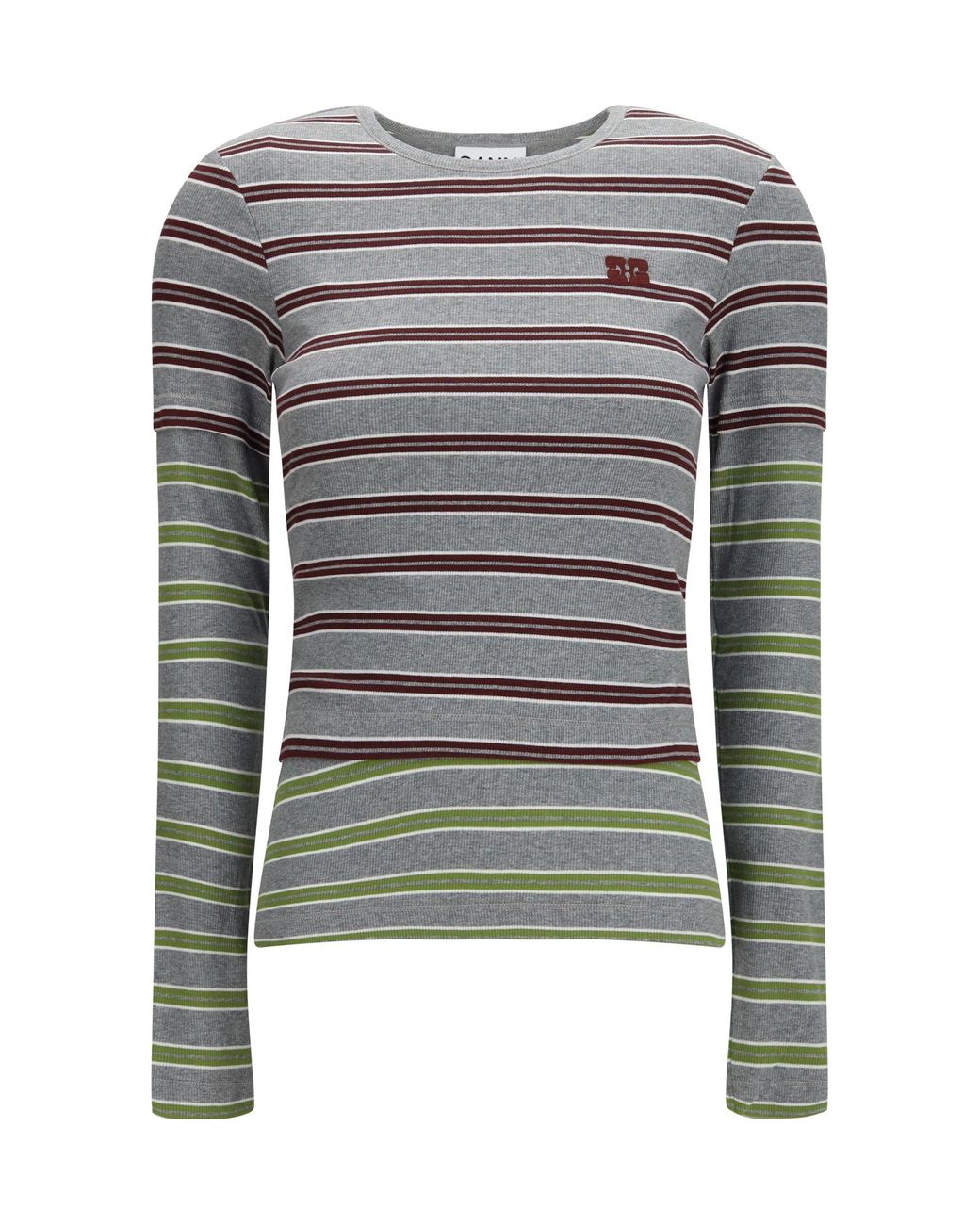 Ganni Gray Double-Sleeve Striped Cotton T-Shirt Port Royale