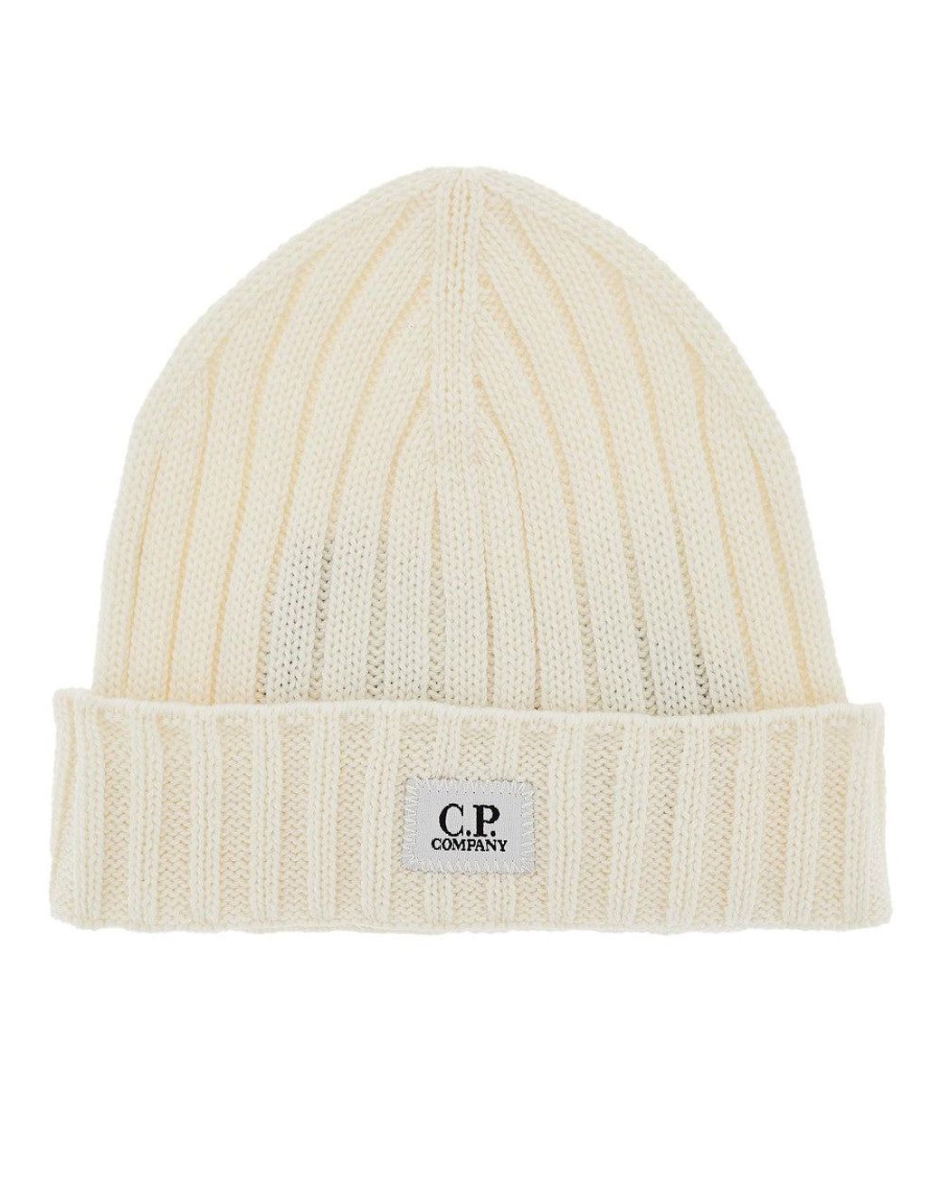 C P Company Natural Knitted Beanie Hat for men