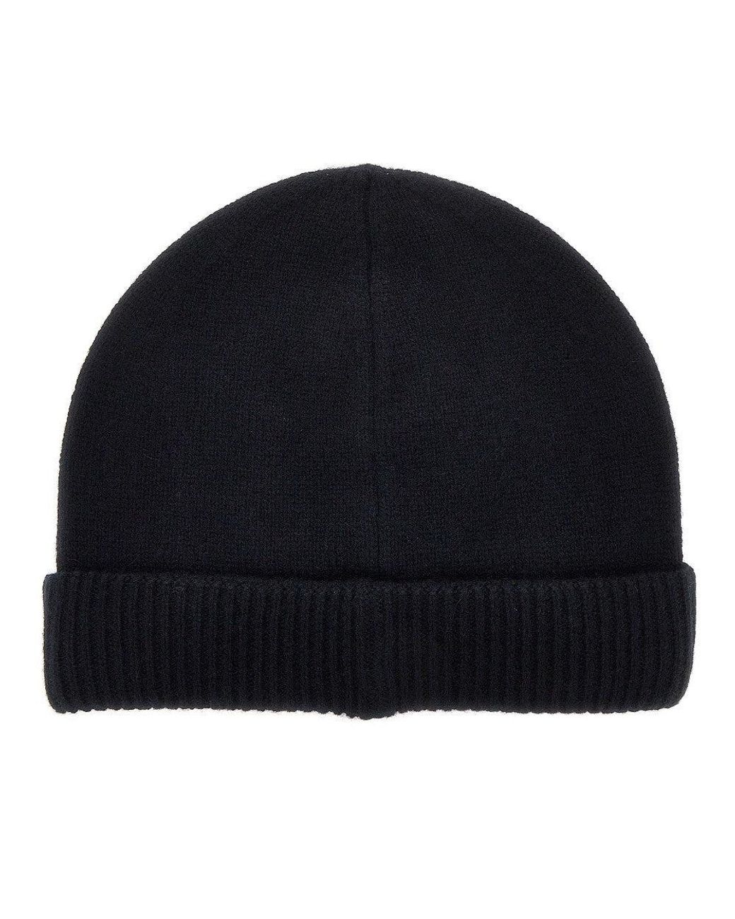 Emporio Armani Black Cashmere Beanie Hat With Leather Logo Patch for men