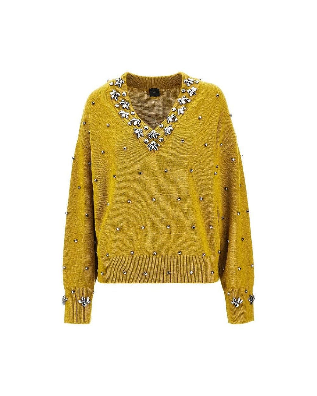 Pinko Yellow Jewelled Wool And Cashmere Sweater