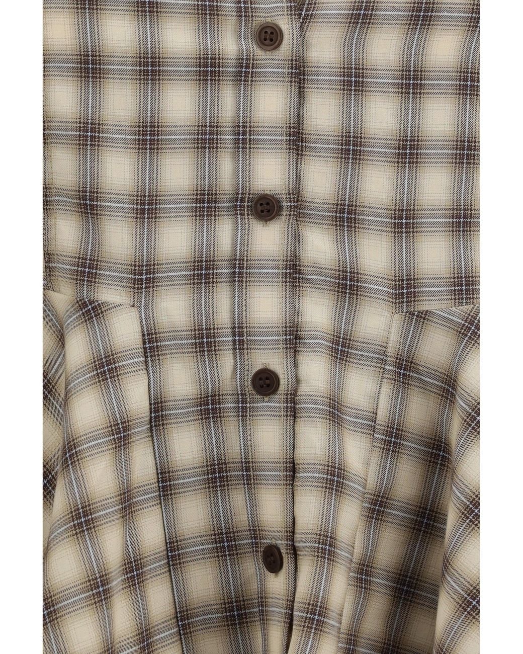 Ganni Gray Check Flannel Peplum Shirt Oyster