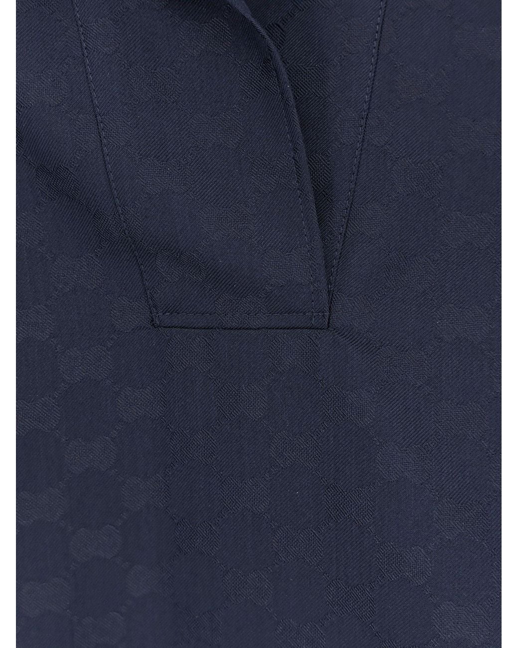 Gucci Blue Fabric Polo Shirt With Gg Pattern