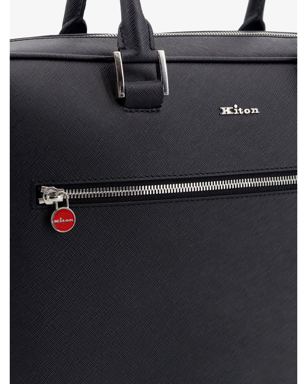 Kiton Black Leather Work Bag for men