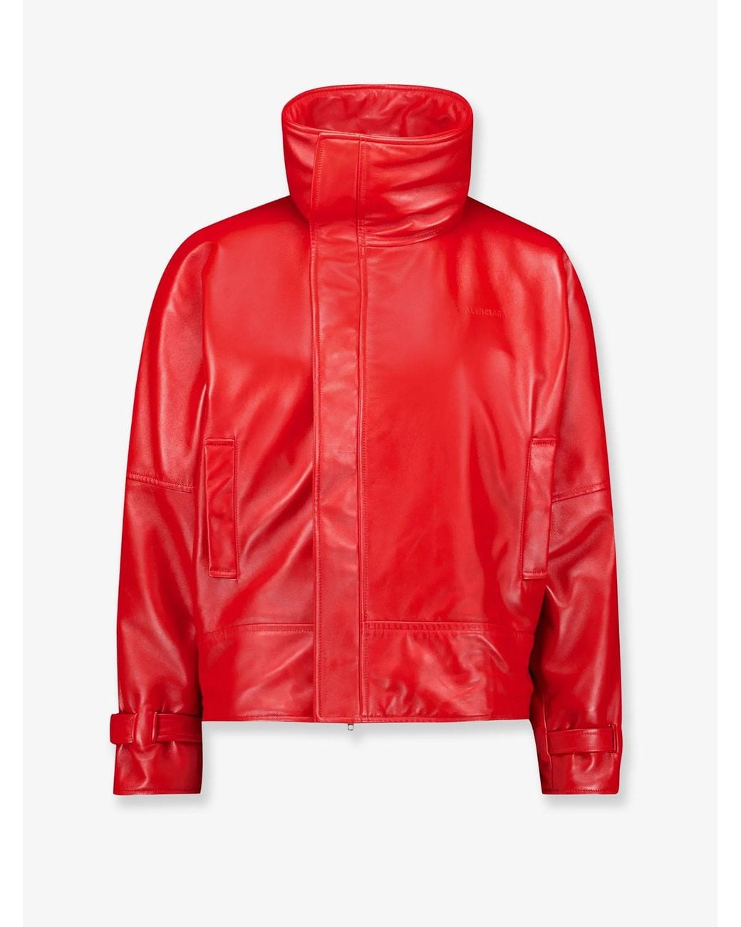 Balenciaga Red Arrotondato Leather Jacket With Engraved Lettering Logo On The Front