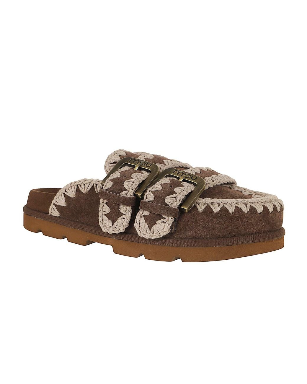 Mou Brown Low-Cut Suede Clogs With Double Buckle Closure