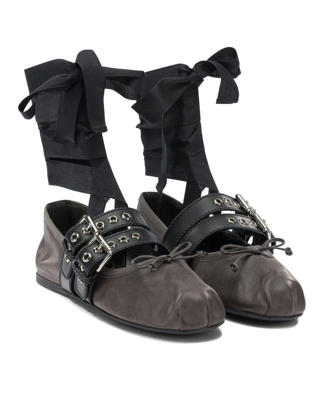 Miu Miu Black Leather Ballets Flat With Ribbon