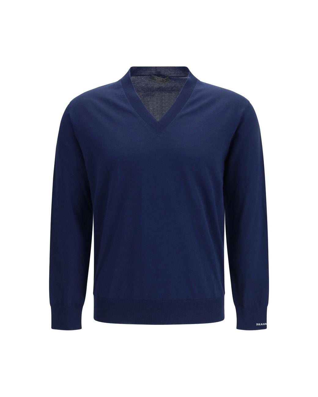 Prada Blue Cotton V-Neck Sweater for men
