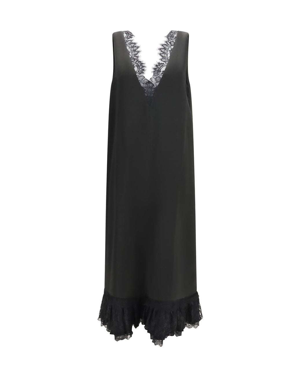 Ganni Black Lace-Trimmed Satin Long Dress