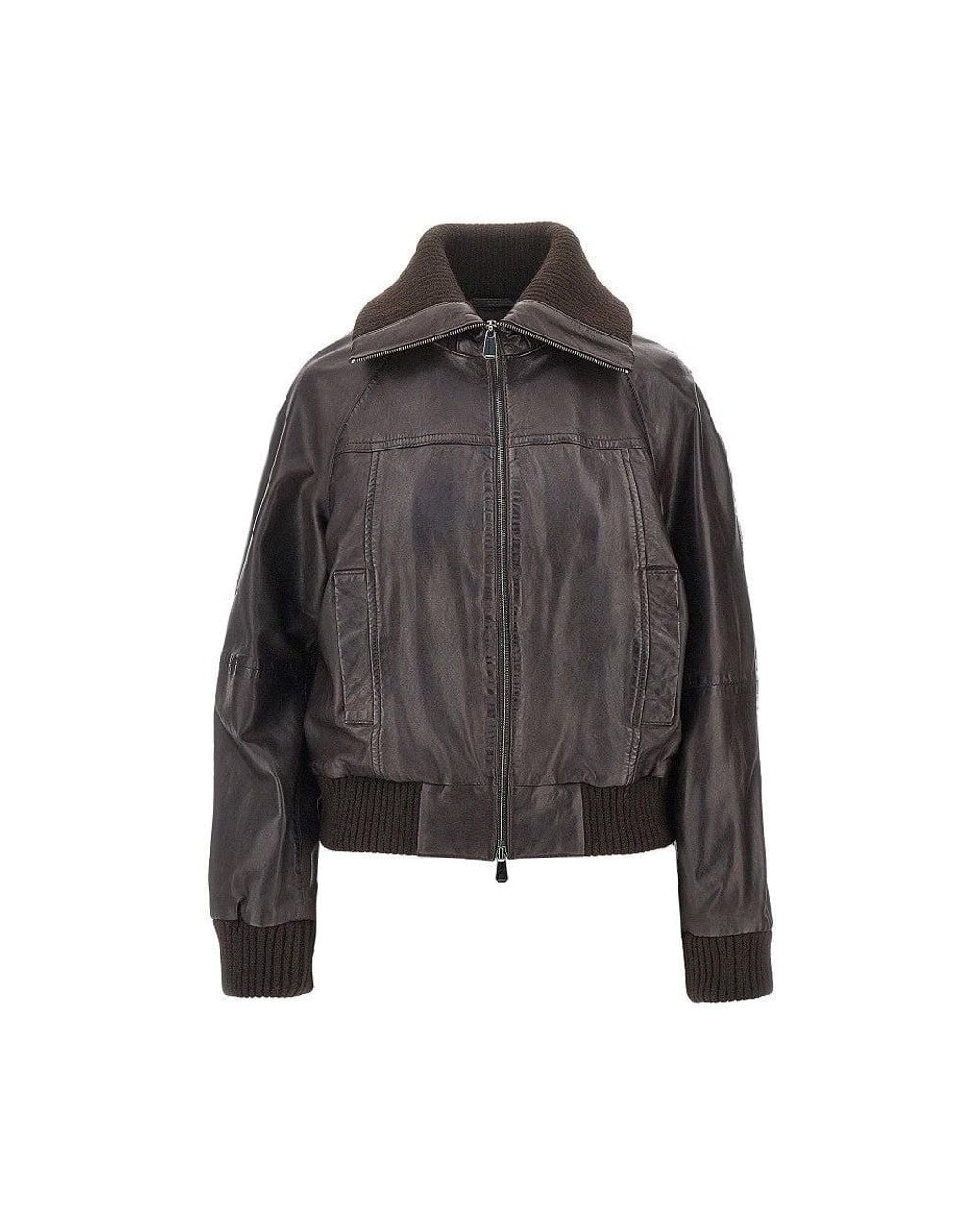 Pinko Gray Washed Leather Bomber Jacket