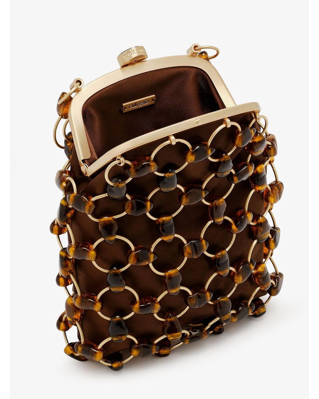 Cult Gaia Brown Brielle Wristlet Leather Handbag With All-Over Pearl Detail