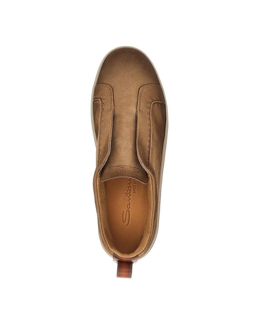 Santoni Brown Vintage Effect Leather Slip-On Sneakers for men