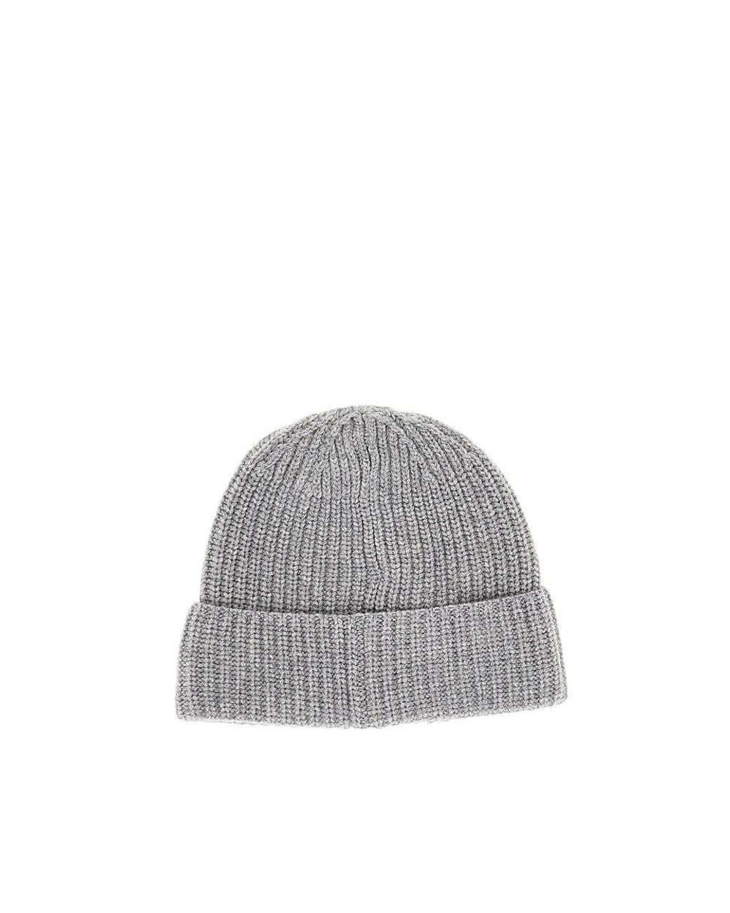 Stone Island Gray Virgin Wool Beanie Hat With Logo Patch for men
