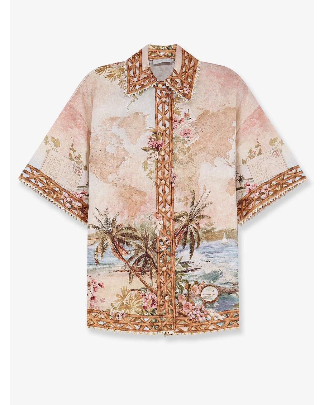 Zimmermann Natural Mahon Linen Shirt With Island Map Print
