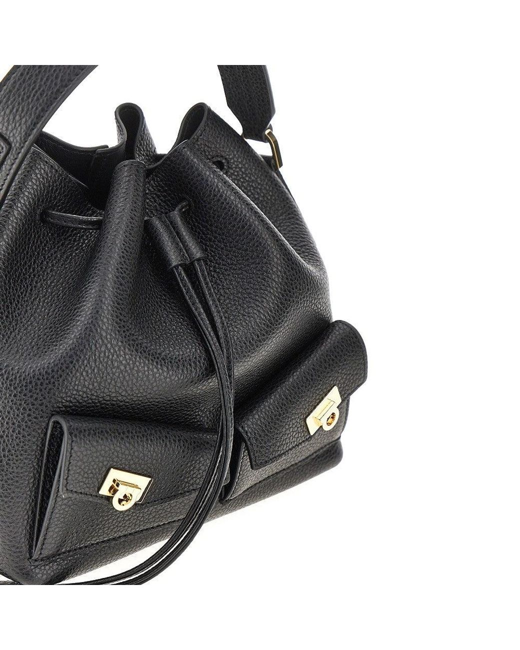 Ferragamo Black Grained Leather Multipocket Bucket Bag