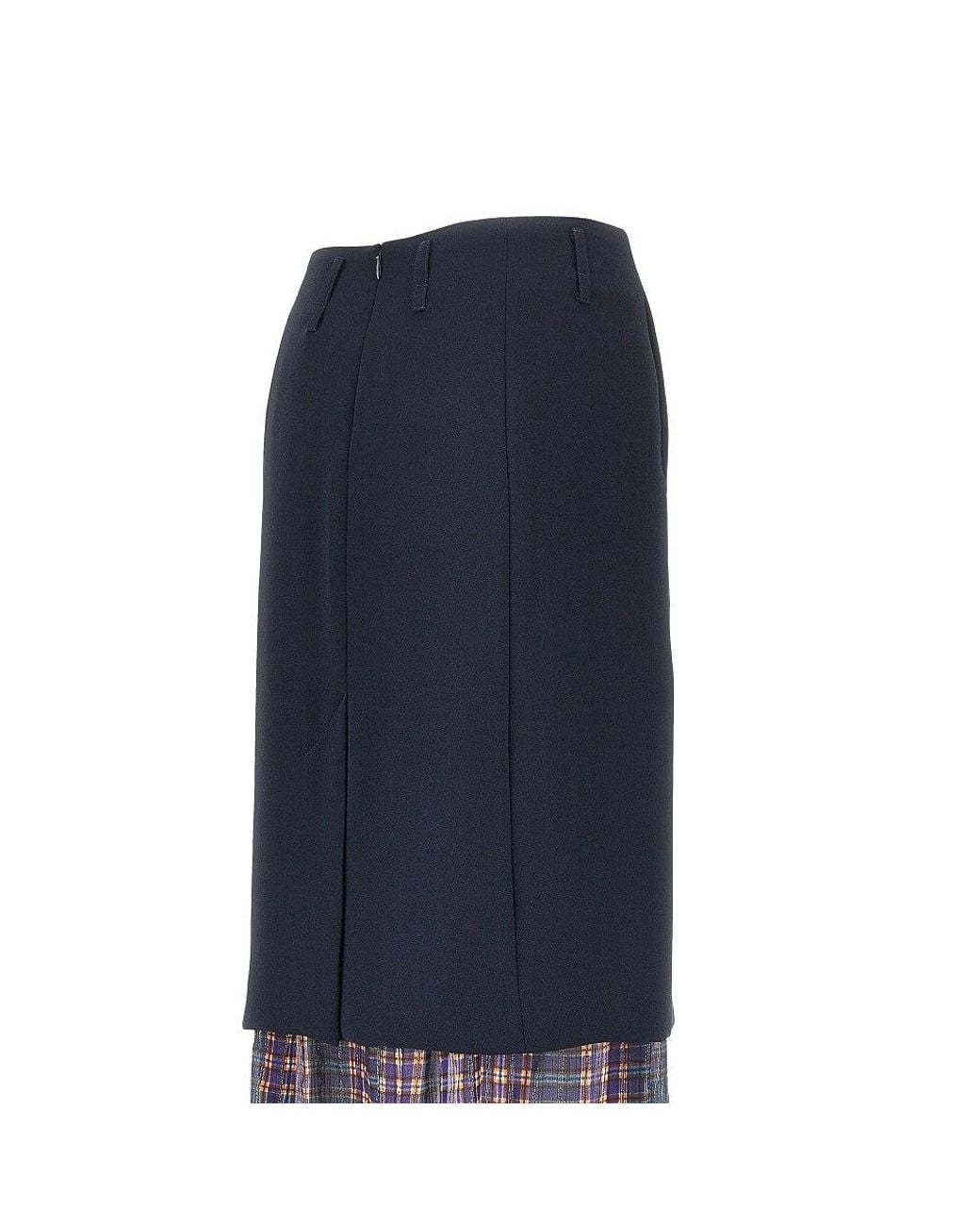 Dries Van Noten Blue Cady Midi Skirt With Check Insert