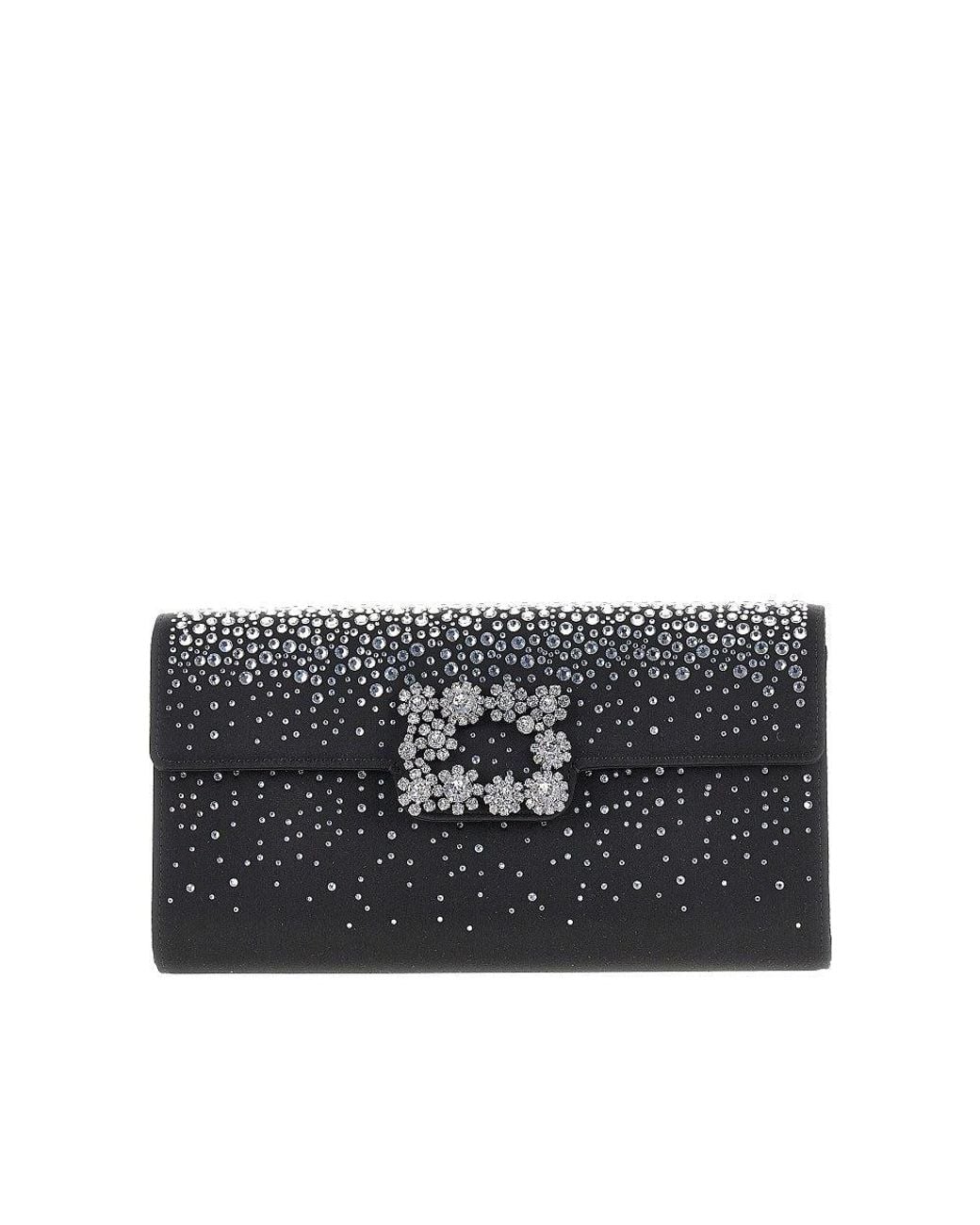 Roger Vivier Black 'Efflorescence' Satin Pouch With Rhinestones
