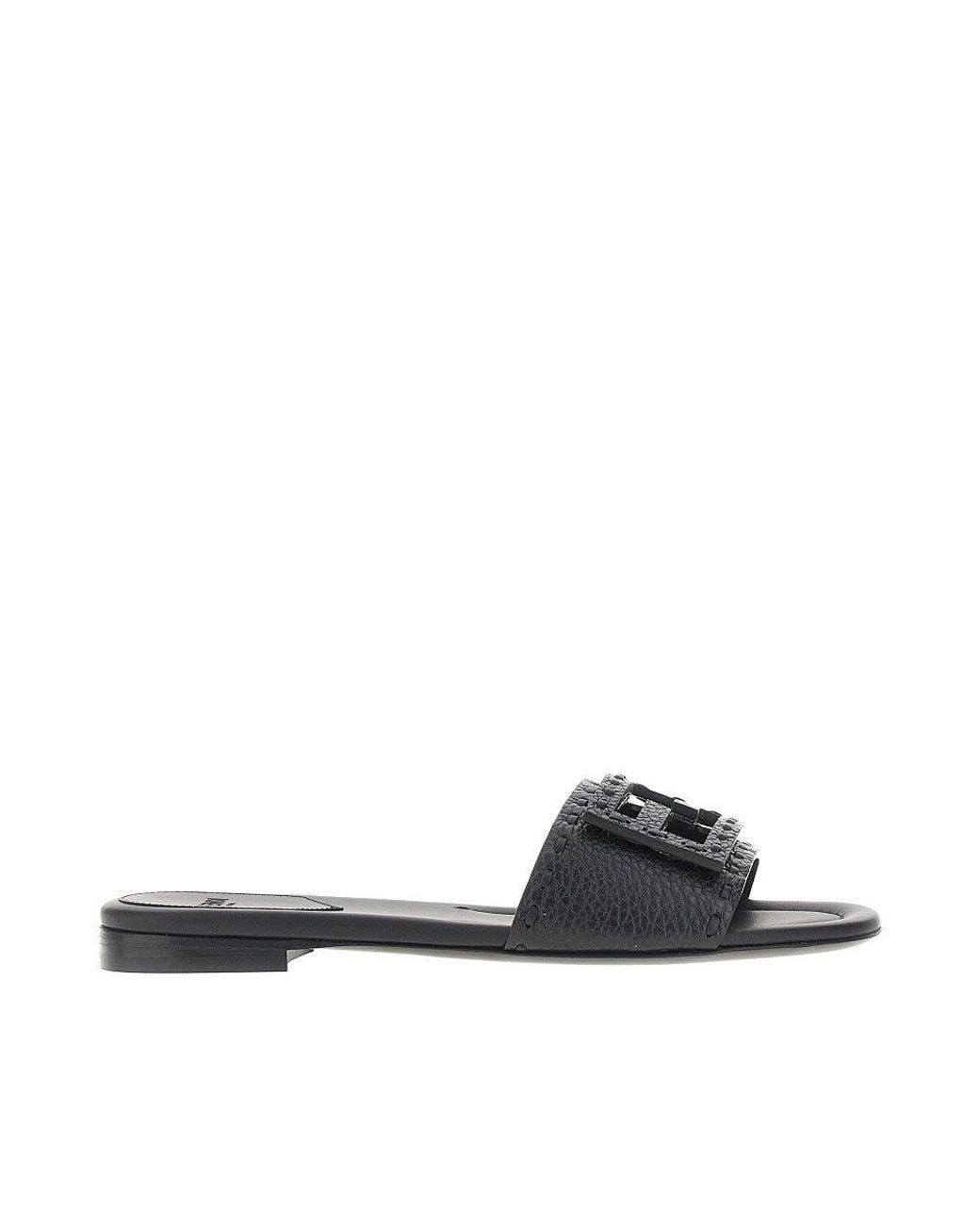 Fendi Black 'Baguette' Grained Leather Slides