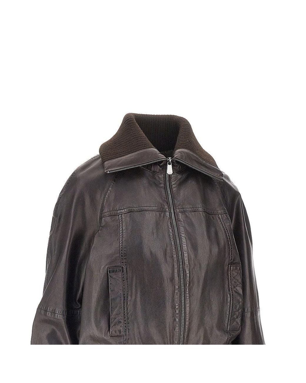 Pinko Gray Washed Leather Bomber Jacket