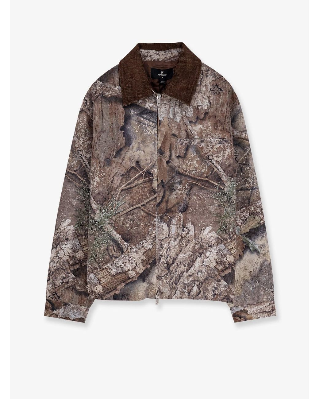 Represent Brown Tree-Graphic Print Camouflage Cotton Trucker Jacket for men