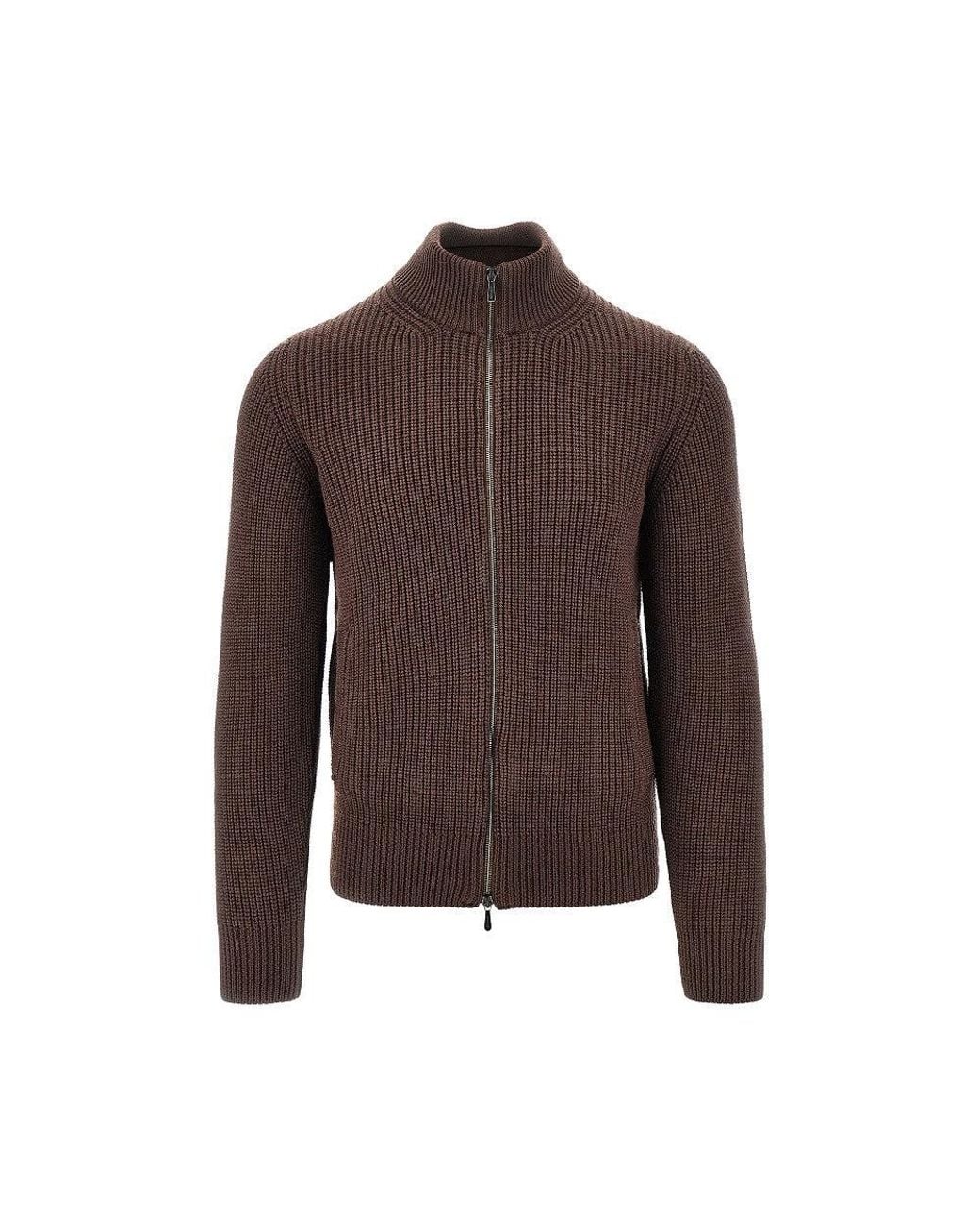 Drumohr Brown Merino Wool Full-Zip Cardigan for men
