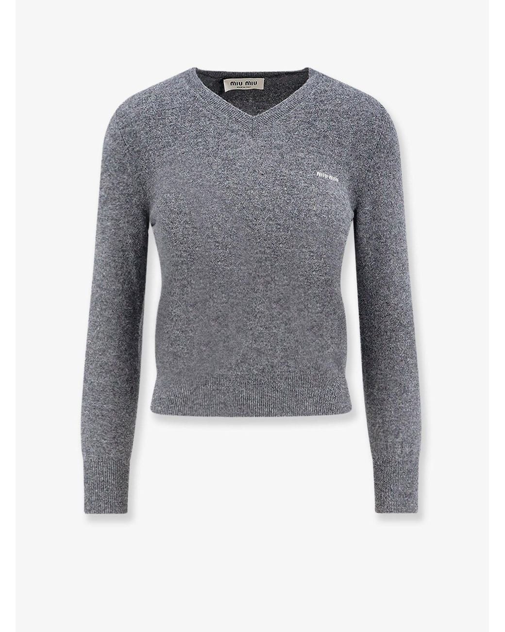 Miu Miu Blue Wool Sweater With Logo Inlay