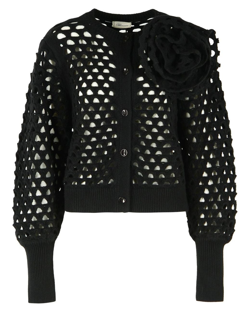 Blumarine Black Rose Detail Openwork Wool Cardigan