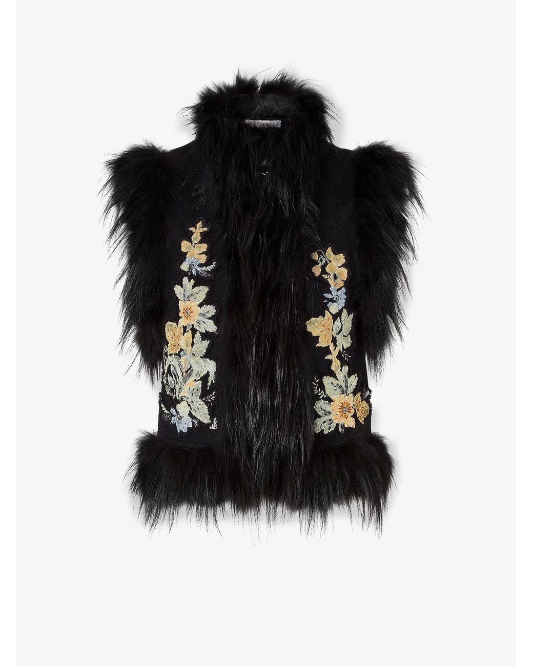 Fendi Black Wool Vest With Floral Embroidery And Fox Fur Trim