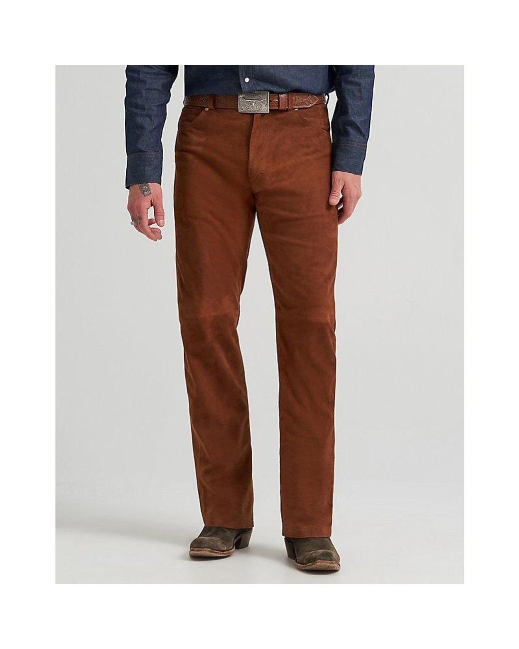 Wrangler Brown Bell 13Mwz Original Cowboy Cut Leather Trousers Size 32 X32 for men
