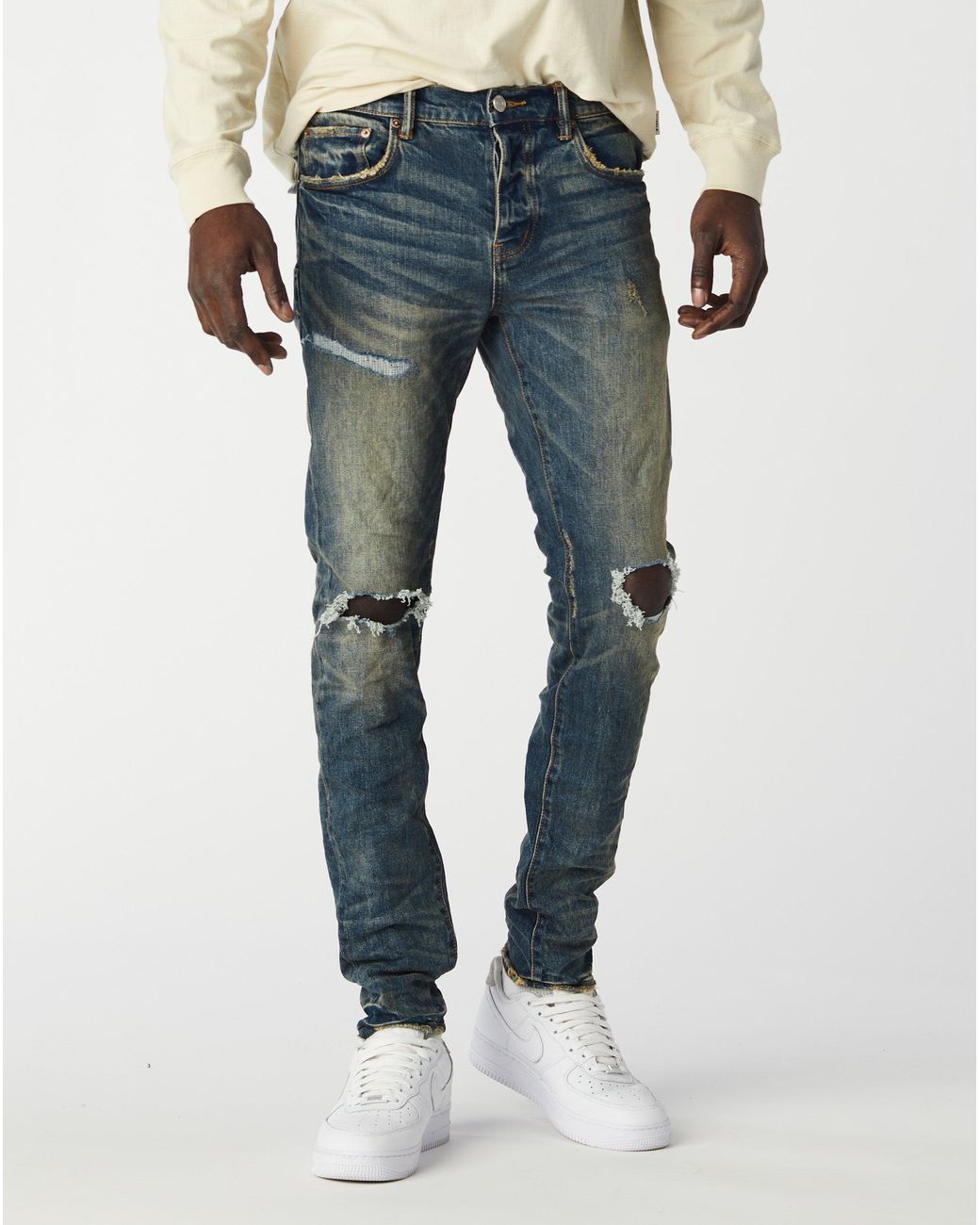Denim Mid Indigo Frayed Blowout Jeans 