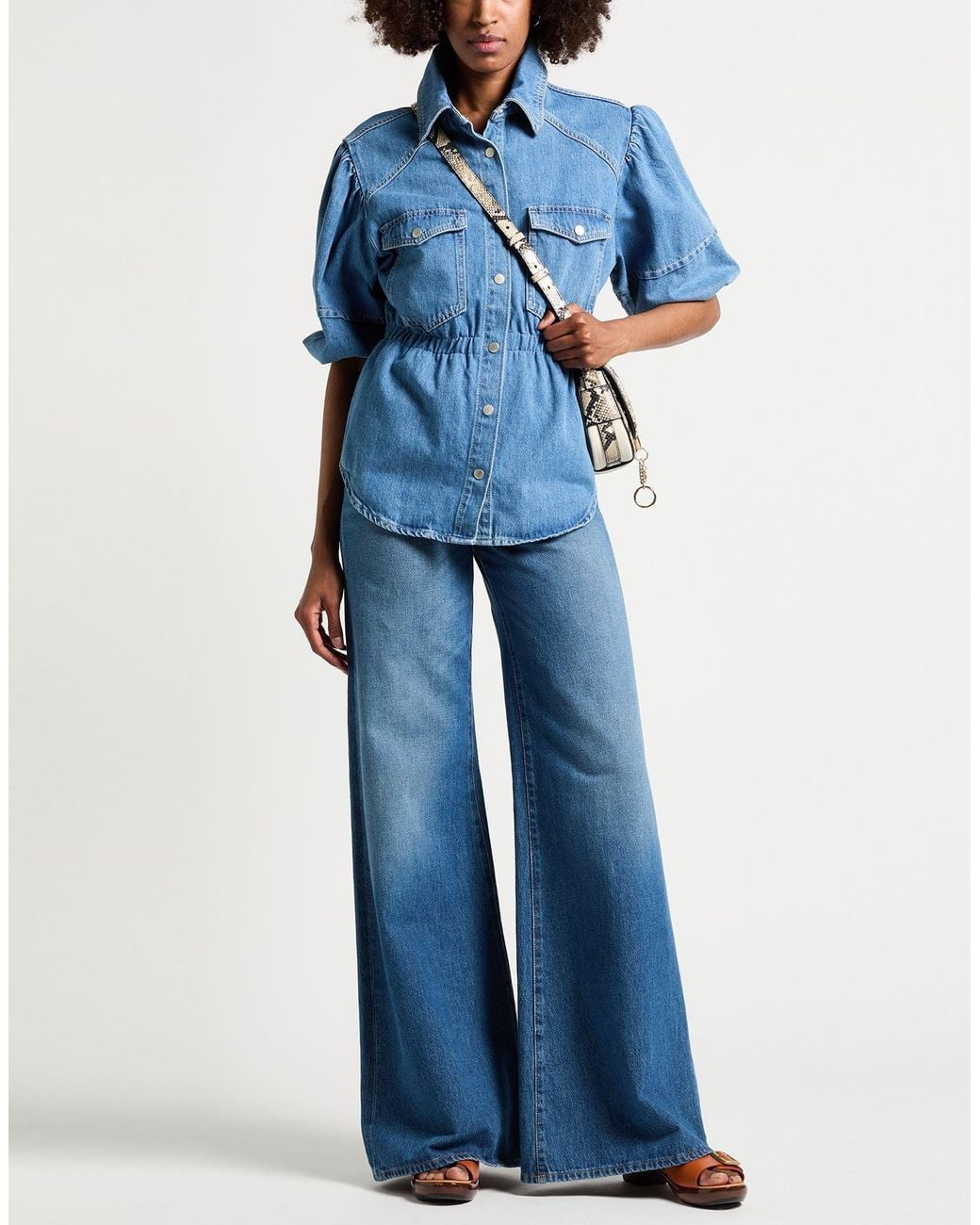 Farm Rio Blue Denim Shirt Puffing Sleeve Denim Shirt Cotton