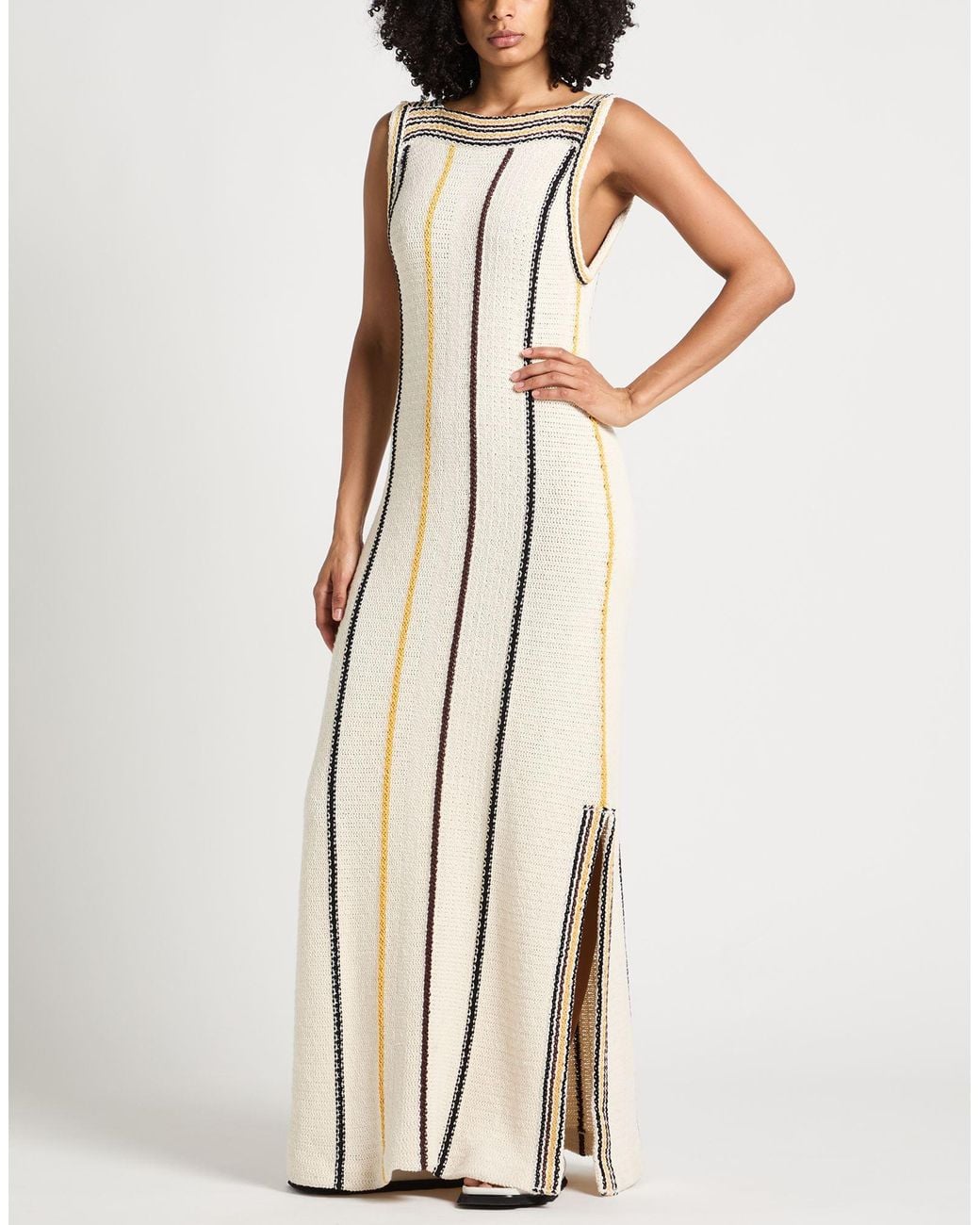 Jil Sander Metallic Ivory Maxi Dress Cotton, Virgin Wool