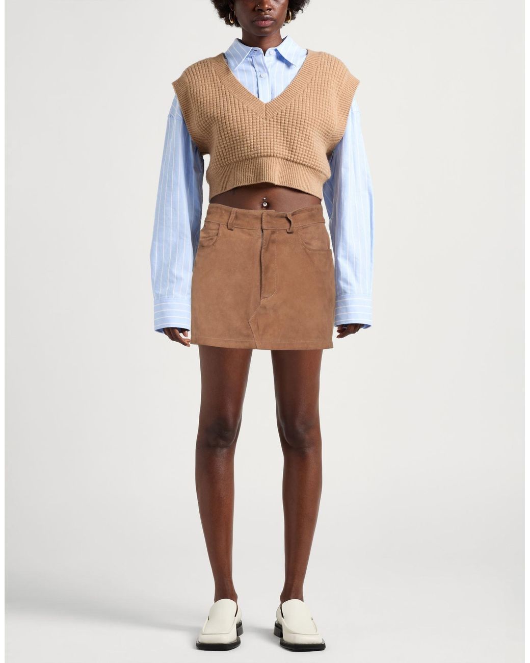 DFOUR® Brown Camel Mini Skirt Leather