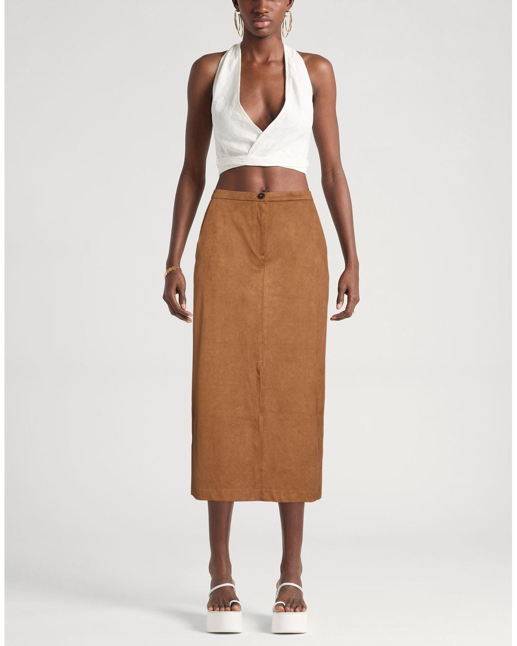 Marella Brown Midi Skirt Polyester, Elastane