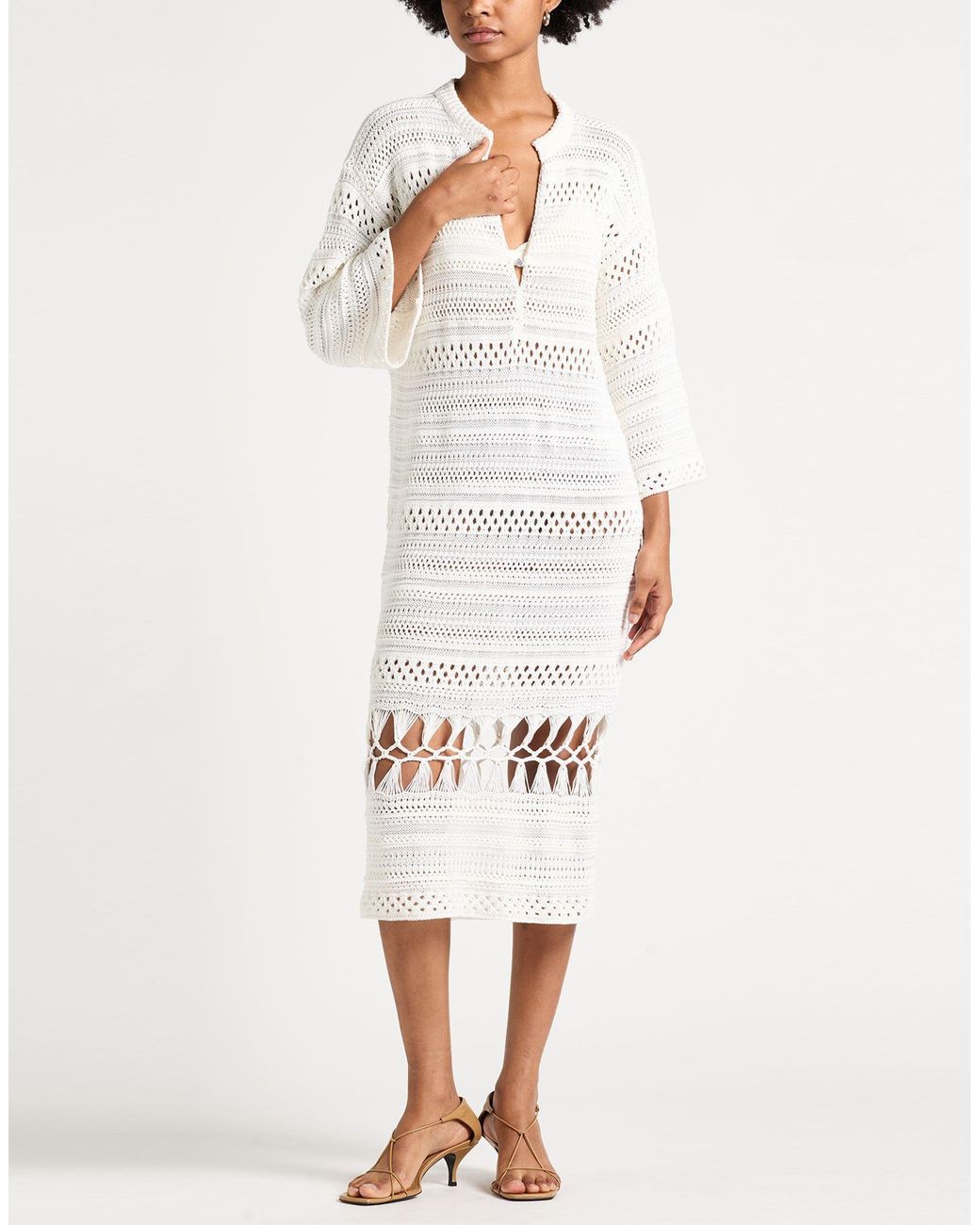 Agnona White Midi Dress Silk, Cotton