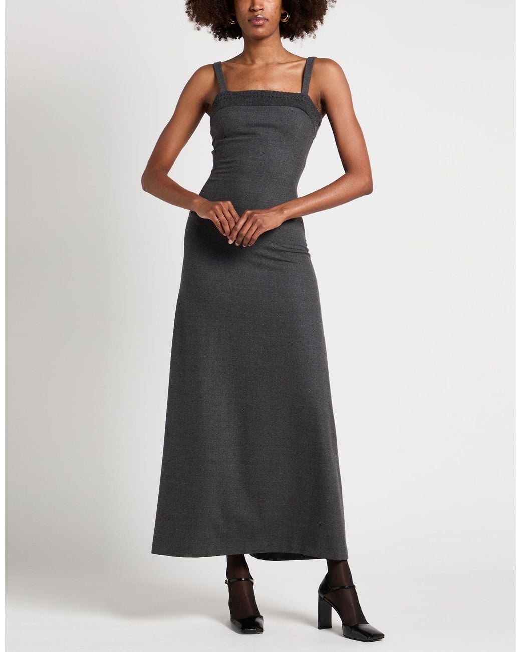 Alberta Ferretti Black Charcoal Maxi Dress Virgin Wool, Elastane