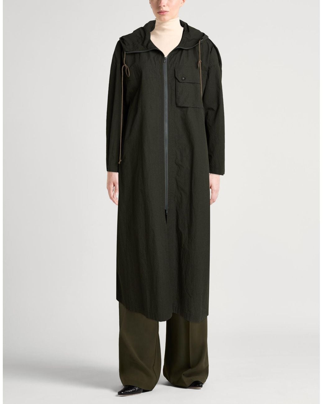Y's Yohji Yamamoto Black Military Overcoat & Trench Coat Cotton, Linen