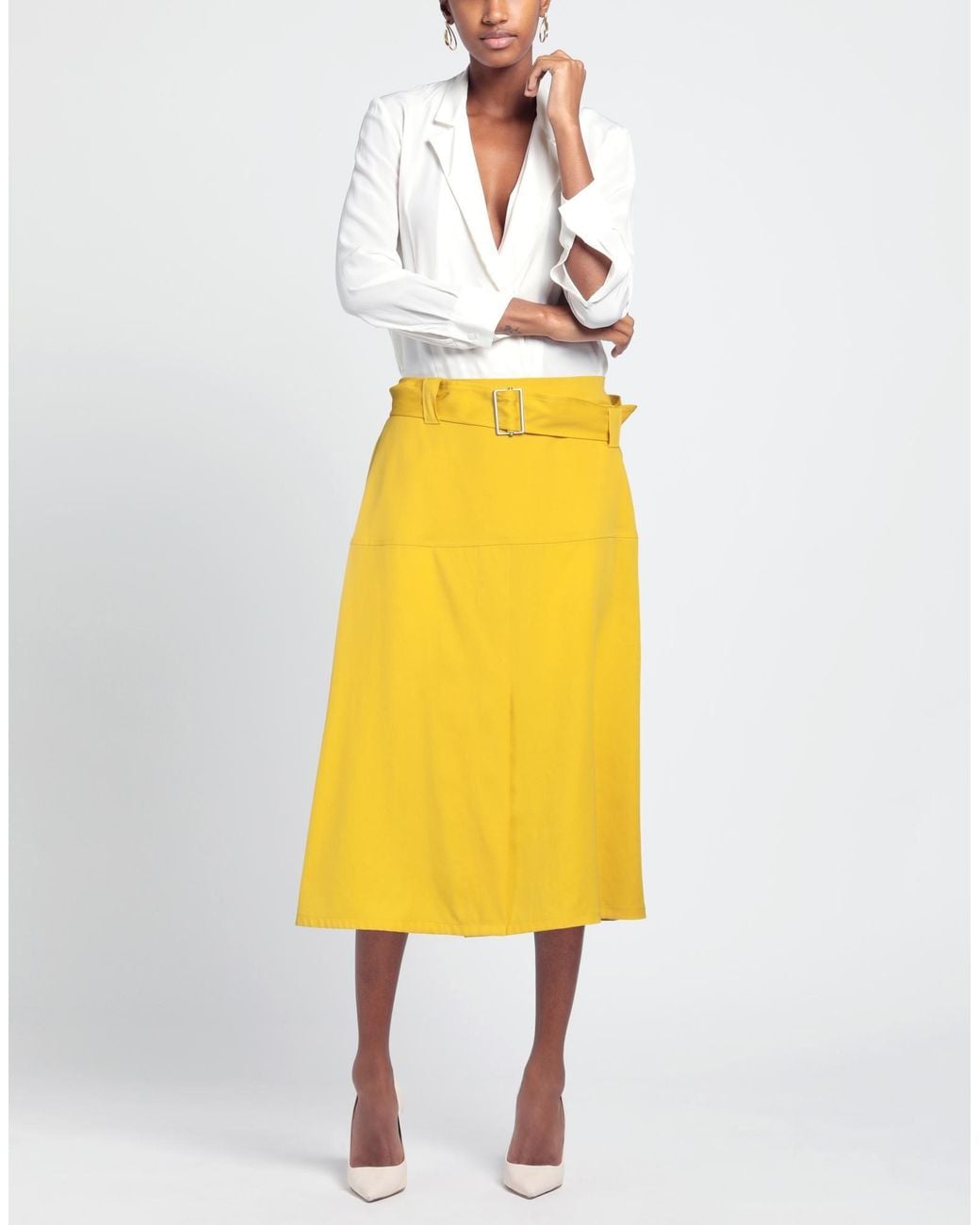Jil Sander Yellow Belted Wool Midi Skirt