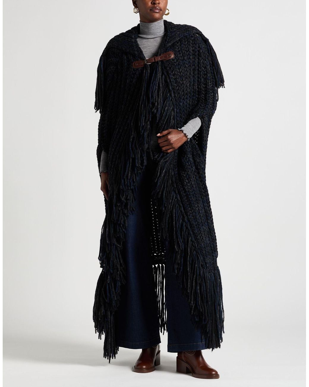 Tod's Black Midnight Cape Alpaca Wool, Polyamide, Wool, Cow Leather