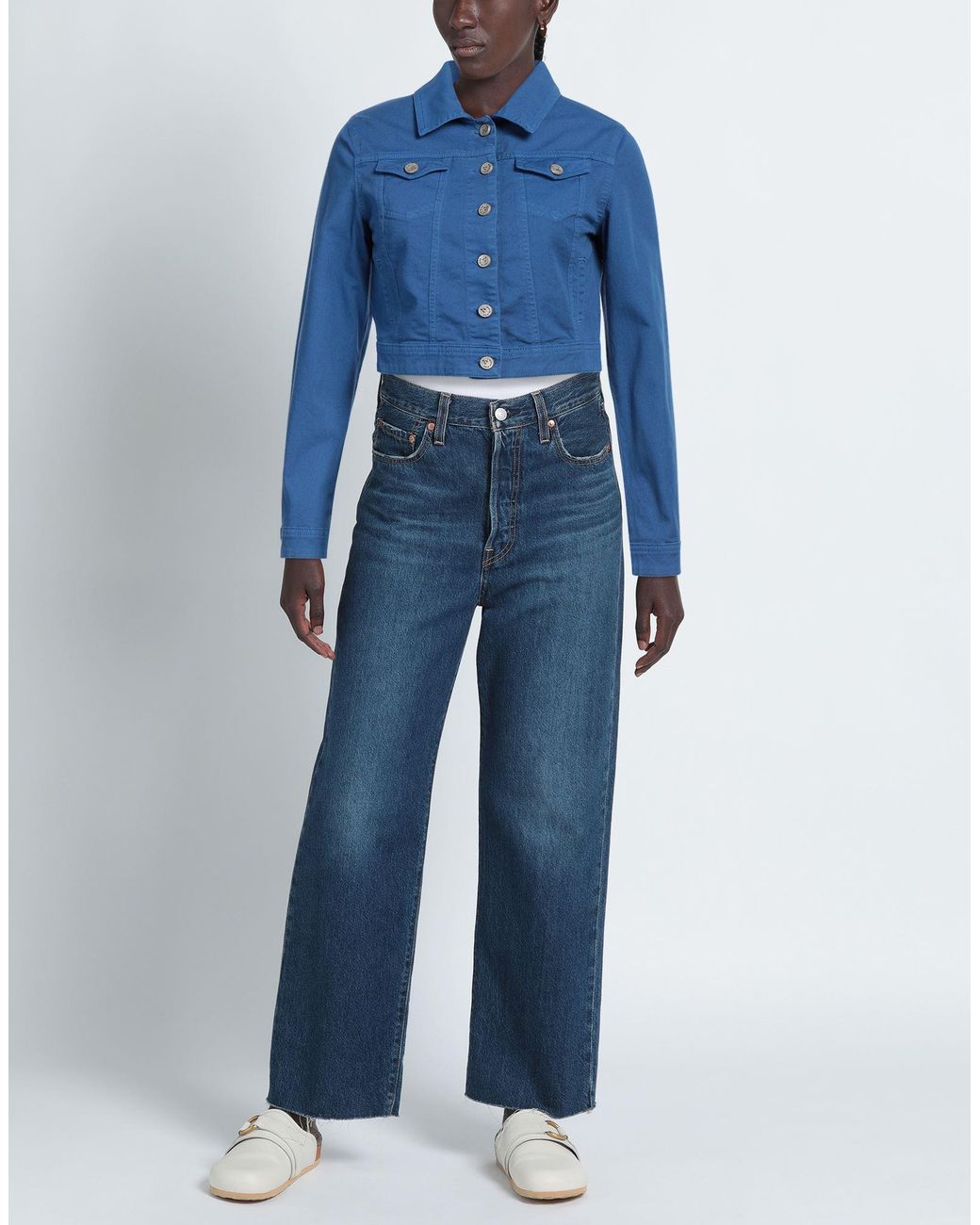 White Wise Blue Denim Outerwear Cotton, Elastane