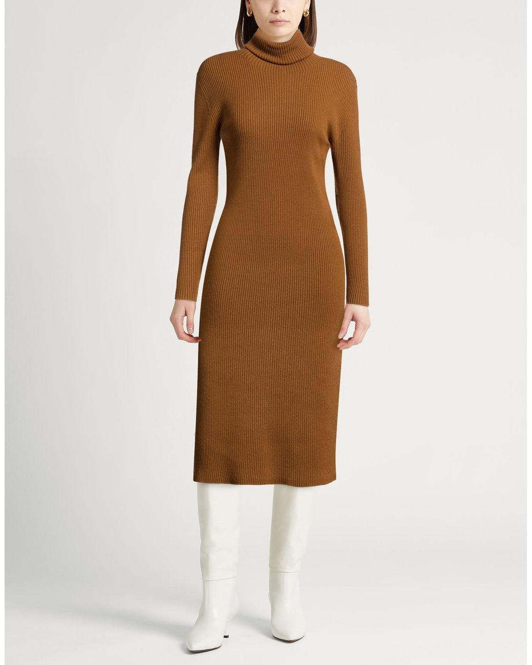 Fabiana Filippi Brown Camel Midi Dress Virgin Wool, Silk, Cashmere