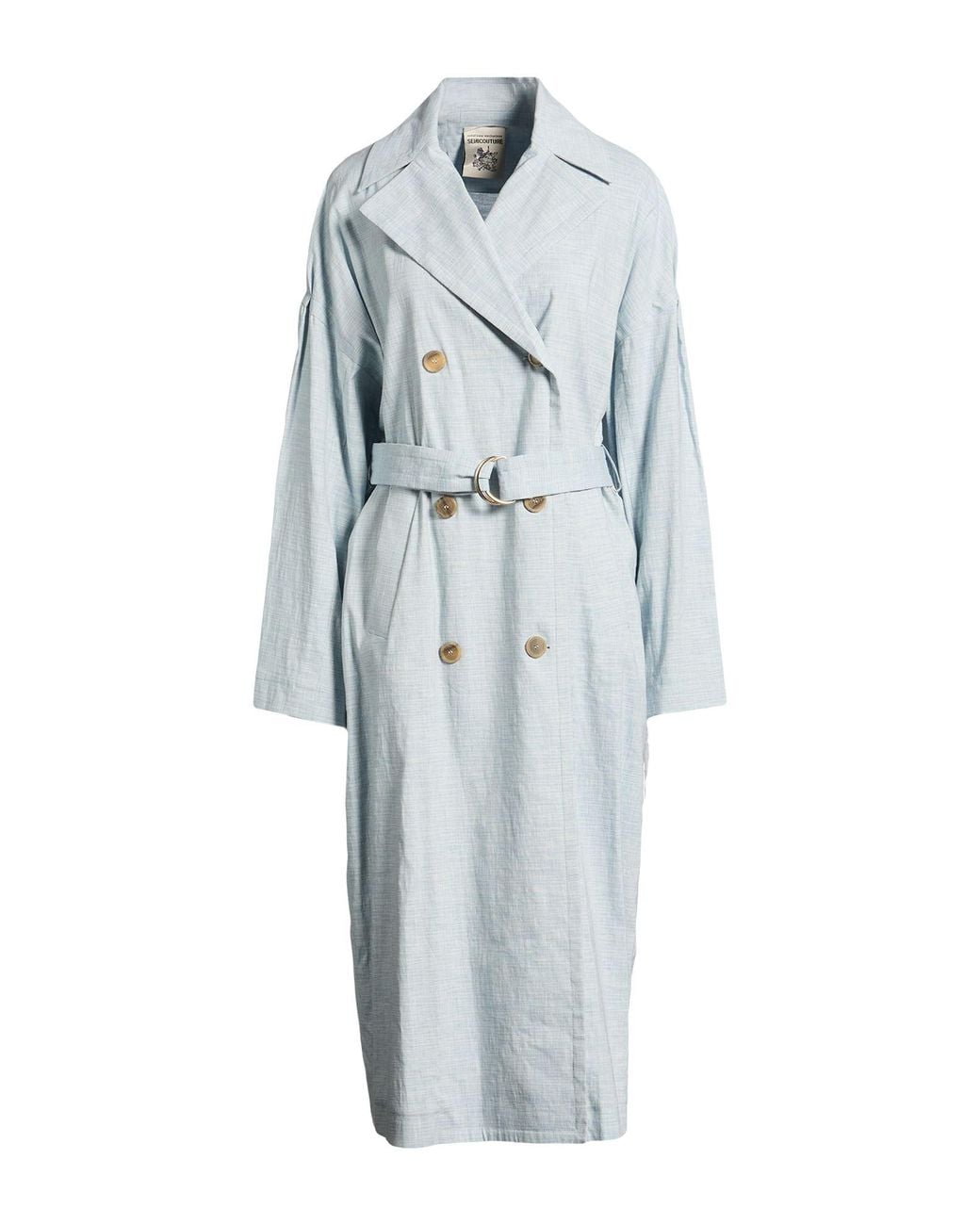 Semicouture Blue Overcoat & Trench Coat Cotton, Linen, Elastane
