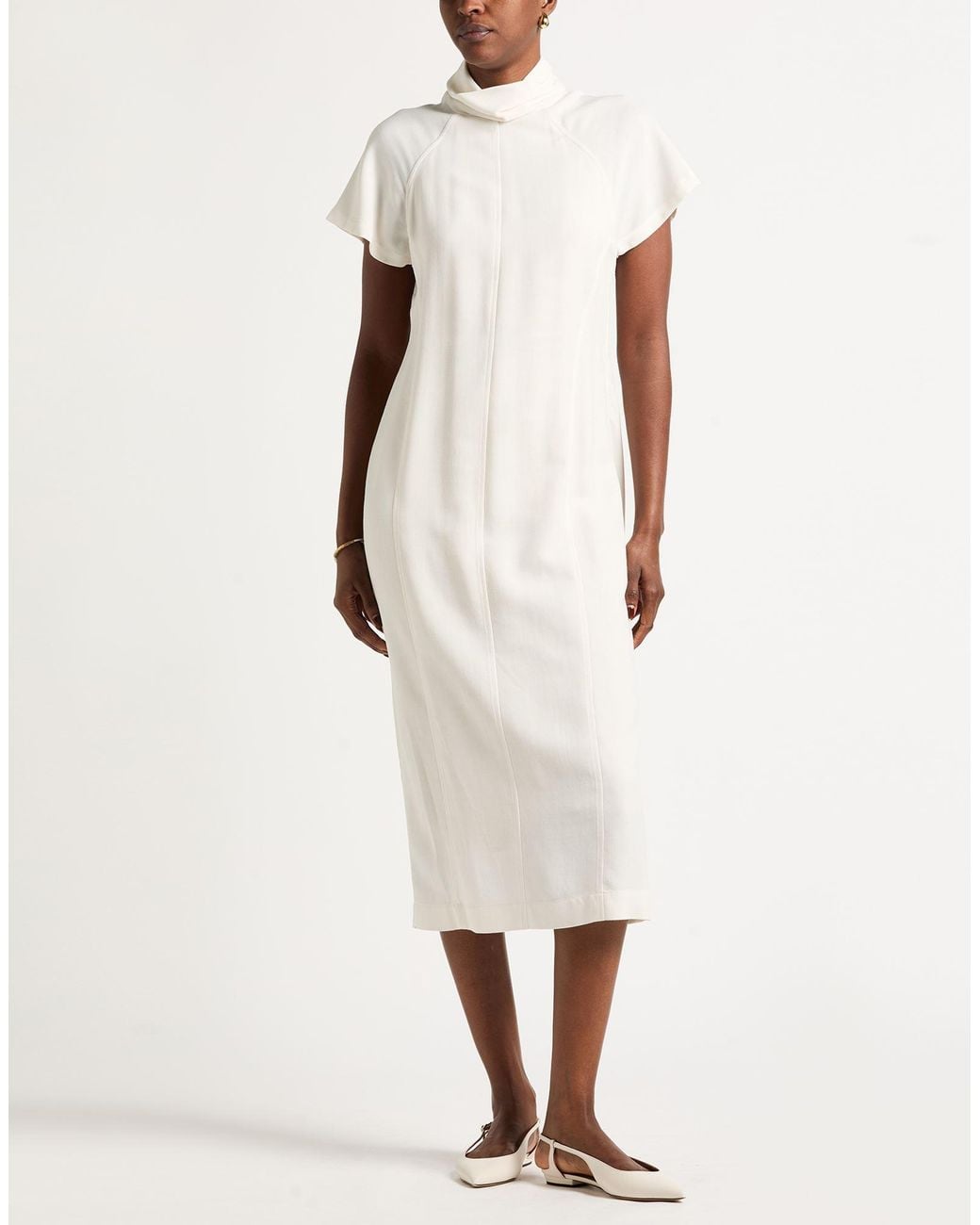 Brunello Cucinelli White Midi Dress Virgin Wool, Viscose, Brass