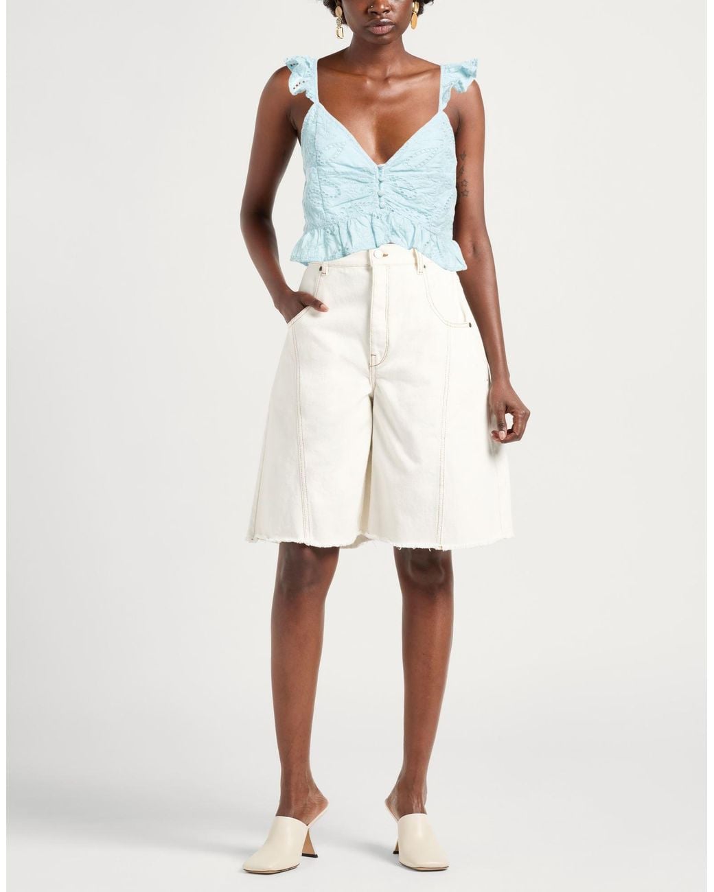 Guess Blue Cotton Lace Deep-Neck Top